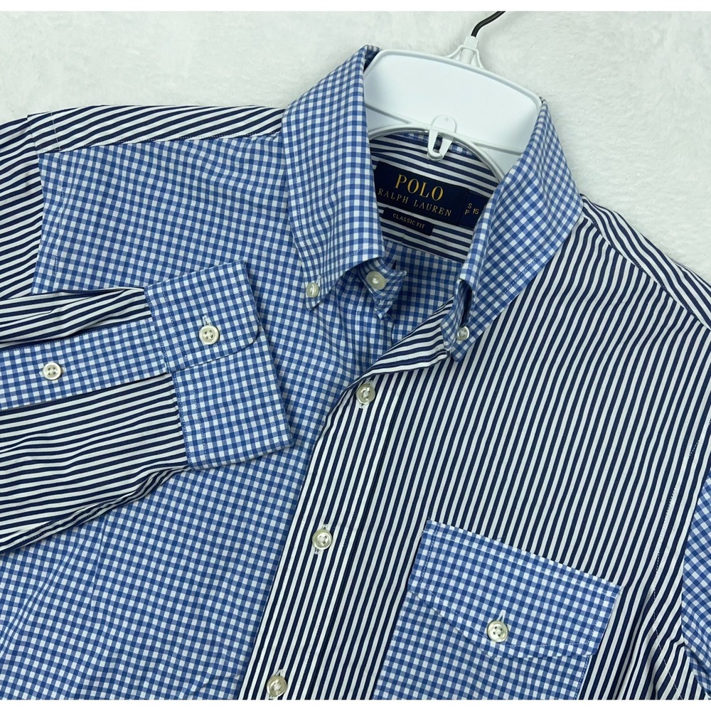 Polo Ralph Lauren Button Down Shirt Mens Small Colorblock Check Striped Blue